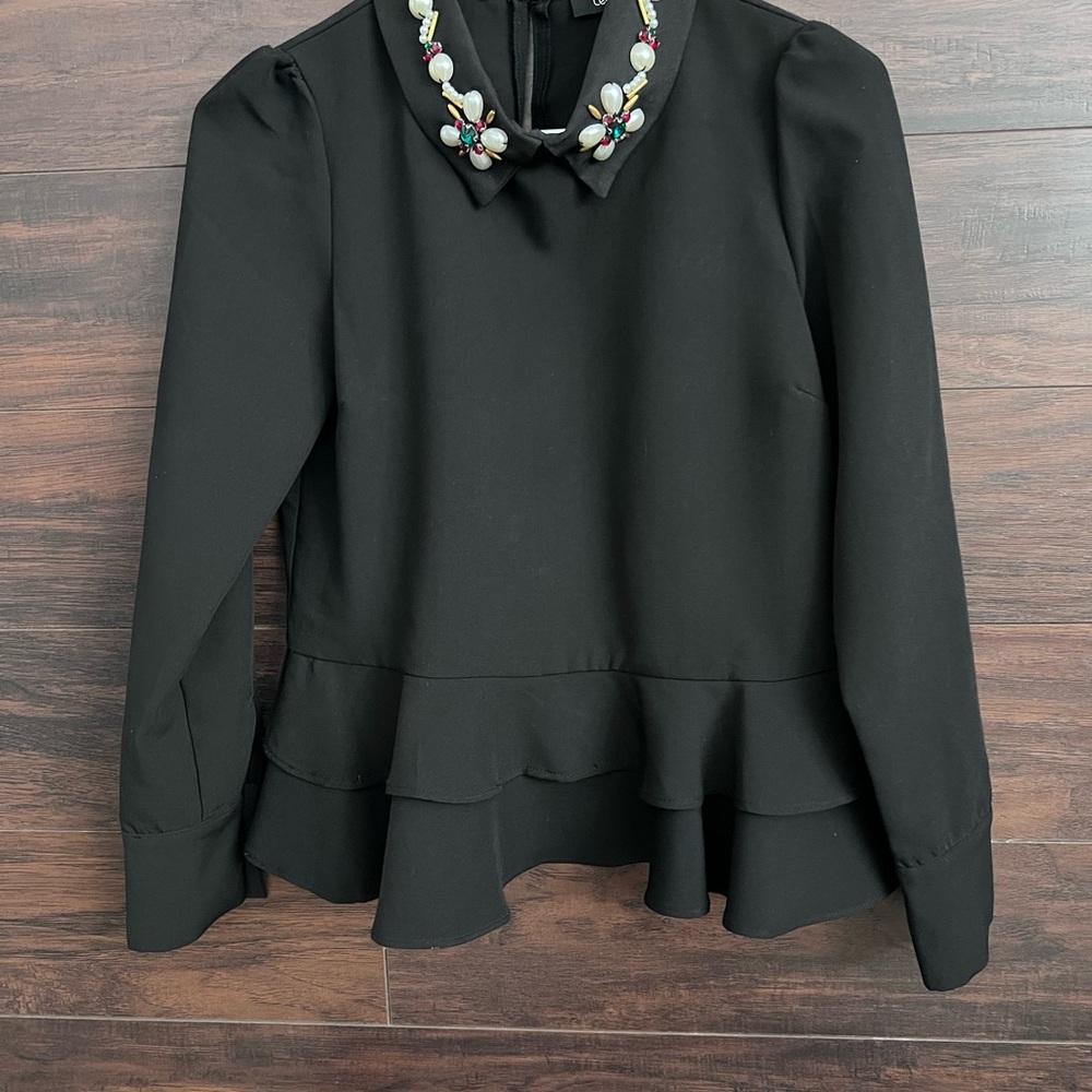 Lea & Viola Elegant Black Peplum Top with Bejeweled Decorative Collar